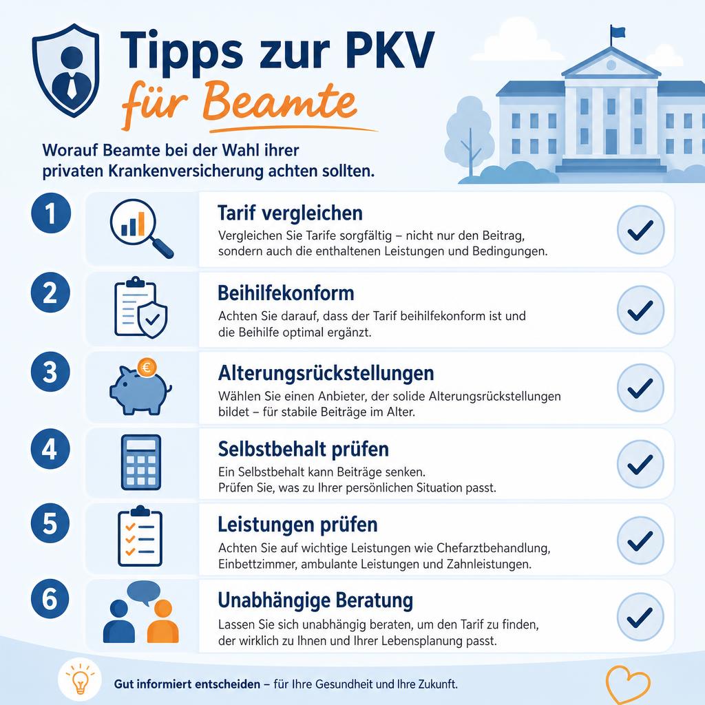 6 Tipps zur PKV für Beamte Infografik: 6 Tipps zur privaten Krankenversicherung für Beamte – Tarif vergleichen, Beihilfekonform, Alterungsrückstellungen, Selbstbehalt, Leistungen und Beratung