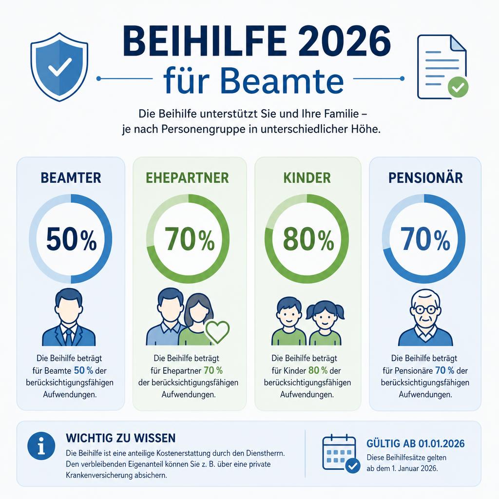 Infografik Beihilfesätze 2026 für Beamte, Ehepartner, Kinder und Pensionäre