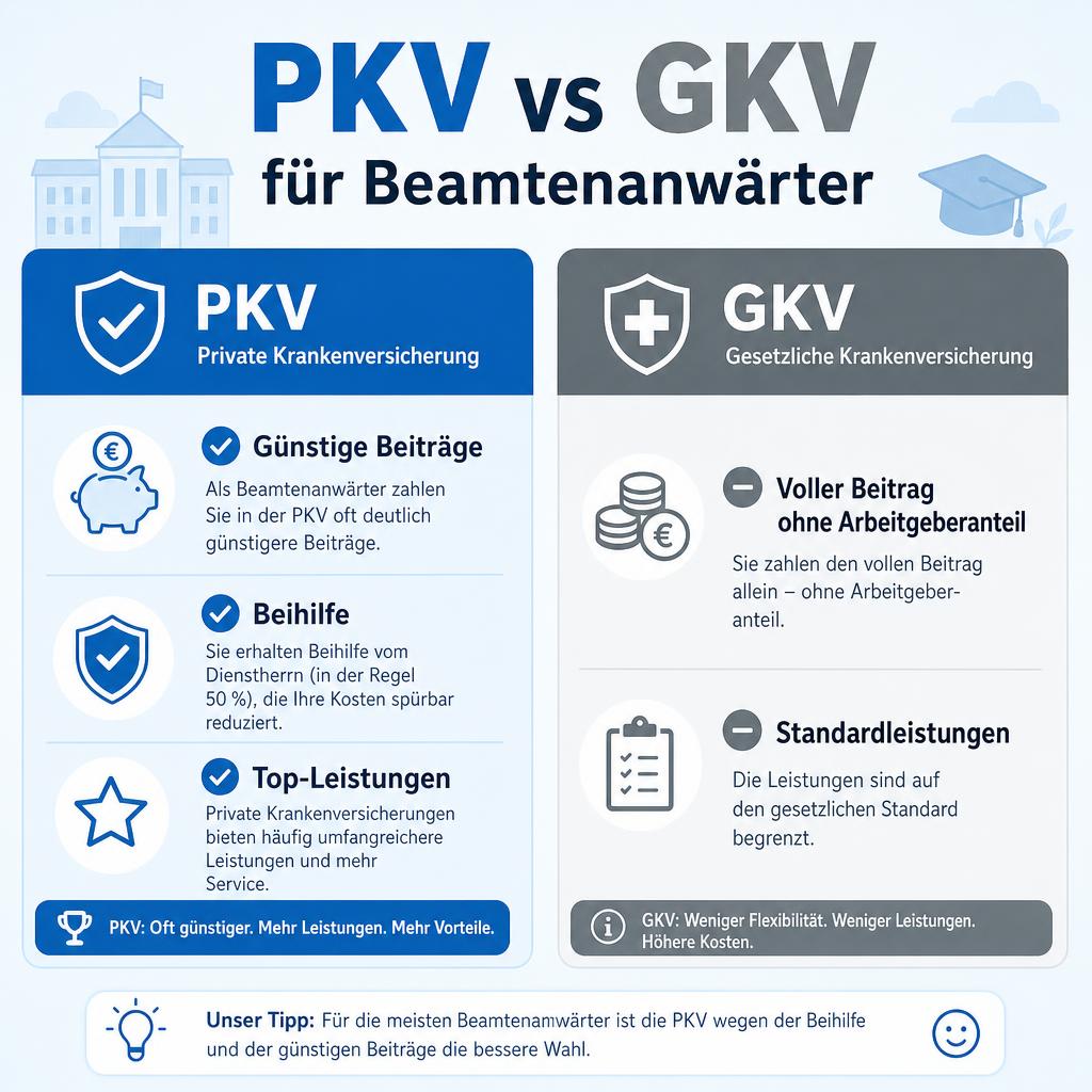 Vergleichsinfografik PKV gegen GKV für Beamtenanwärter